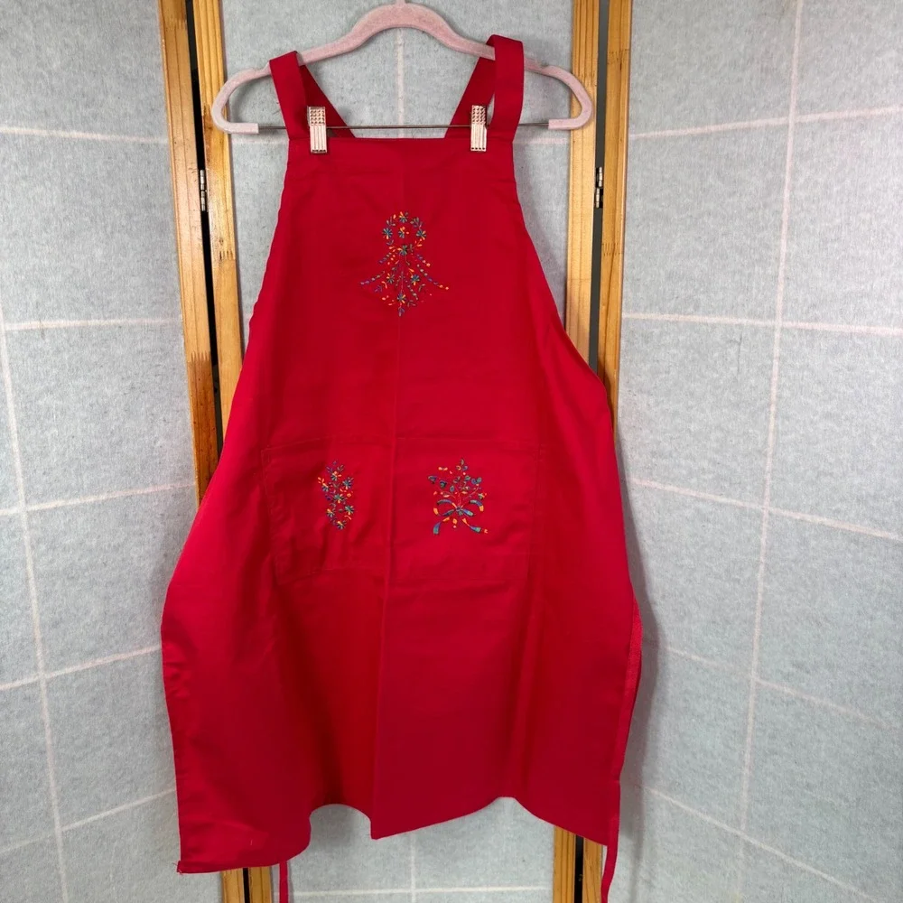 Dependability Bib Apron OS Red Floral Embroidered Pockets Twill‎ Workwear